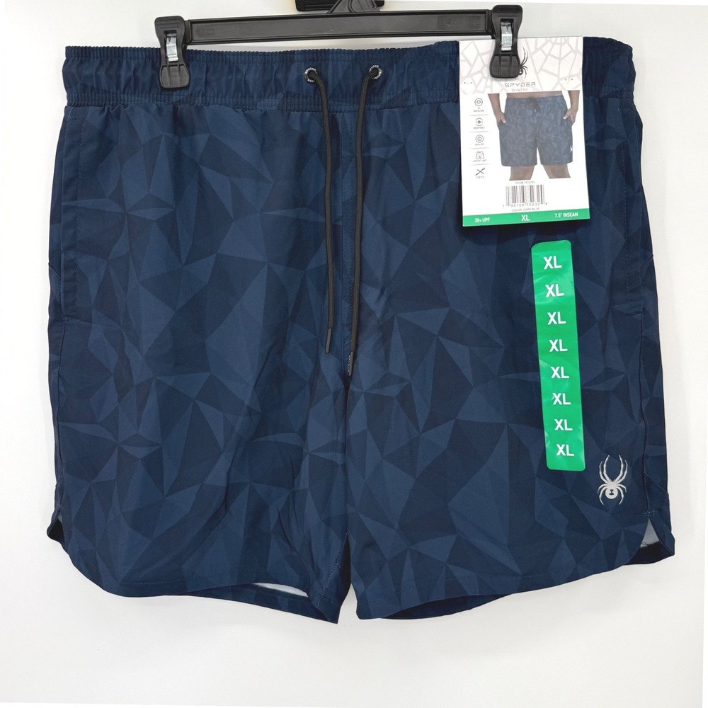 Spyder Swim Trunks Mens XL Dark Blue Geometric Prism Board Shorts 7.5 Inseam NEW